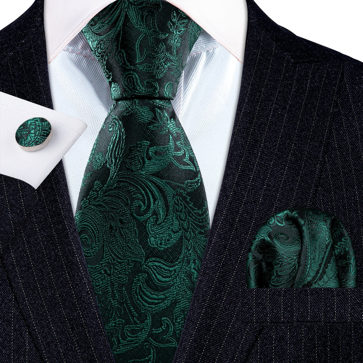 Dark Green Paisley Silk Tie, Pocket Square and Cufflinks Set tie sets - Sophisticated Gentlemen