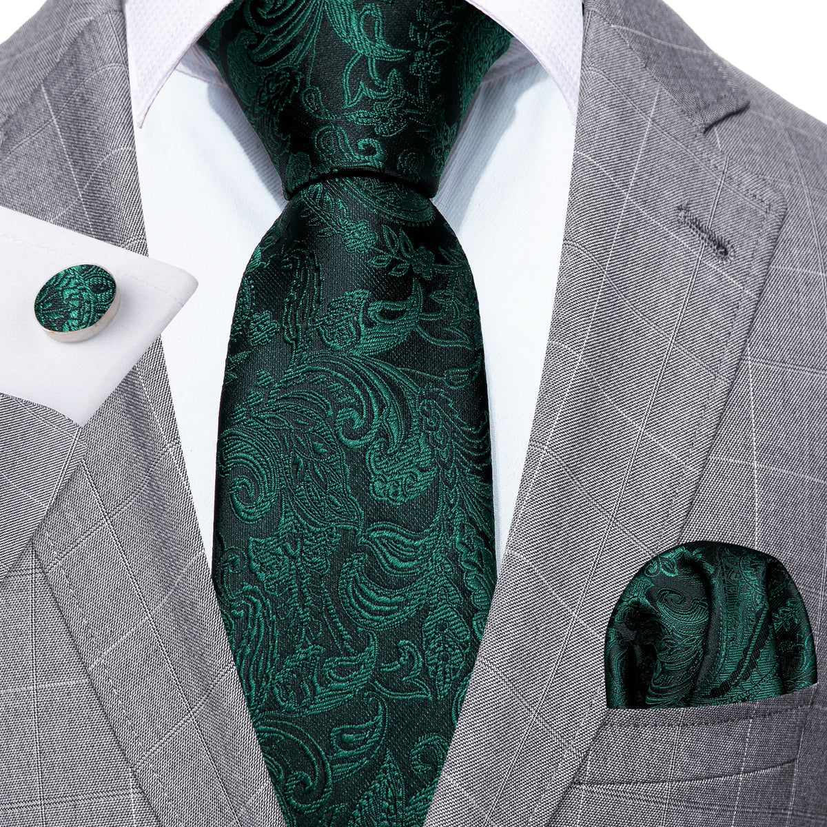 Dark Green Paisley Silk Tie, Pocket Square and Cufflinks Set tie sets - Sophisticated Gentlemen