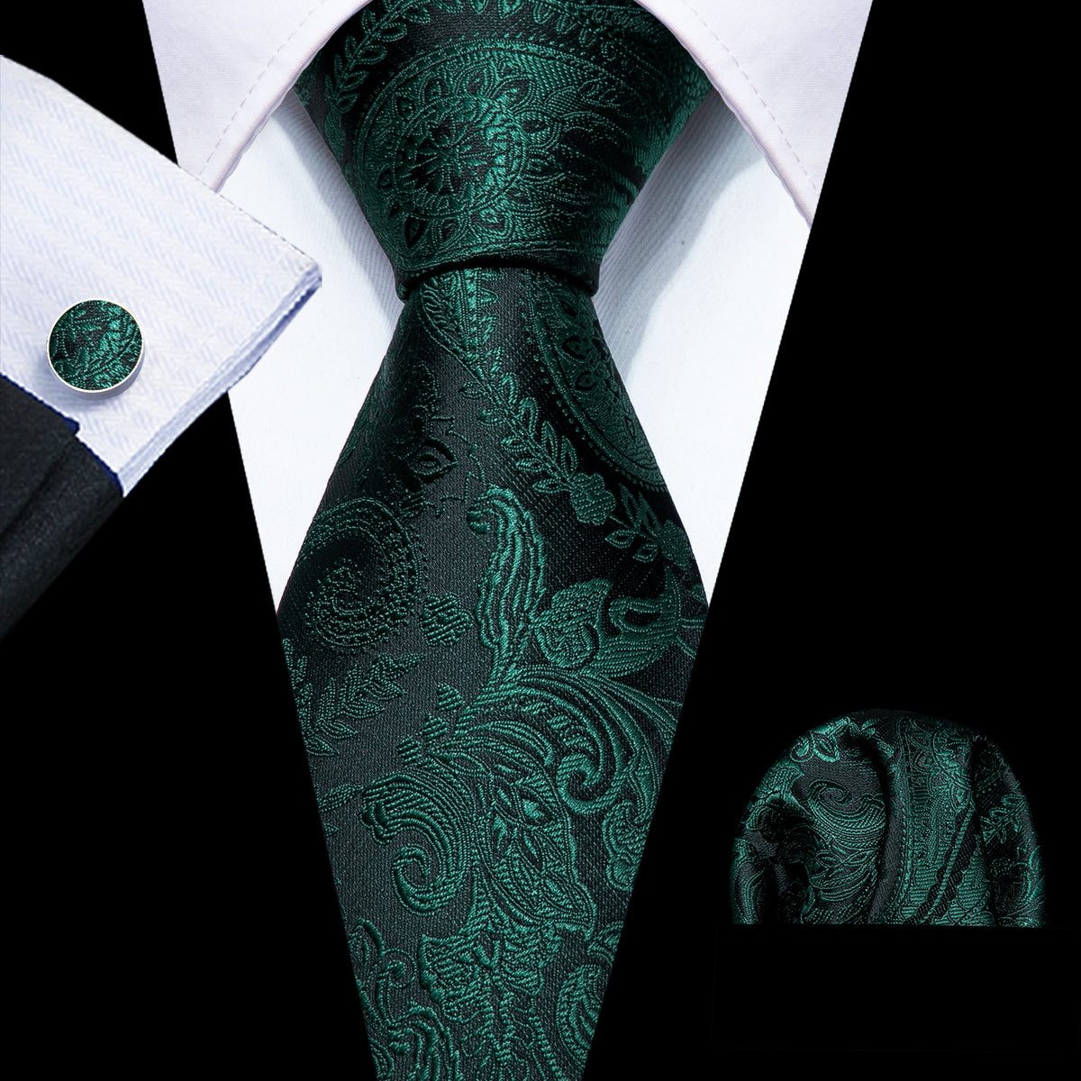 Dark Green Paisley Silk Tie, Pocket Square and Cufflinks Set tie sets - Sophisticated Gentlemen