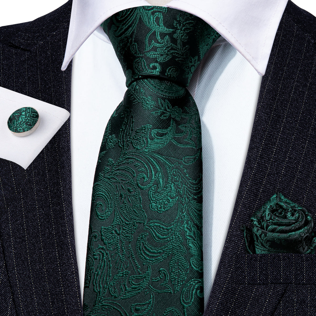 Dark Green Paisley Silk Tie, Pocket Square and Cufflinks Set tie sets - Sophisticated Gentlemen