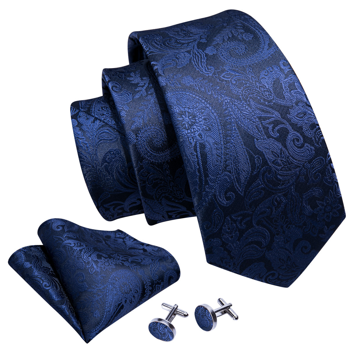 Navy Floral Silk Tie, Pocket Square, and Cufflinks Set tie sets    - Sophisticated Gentlemen