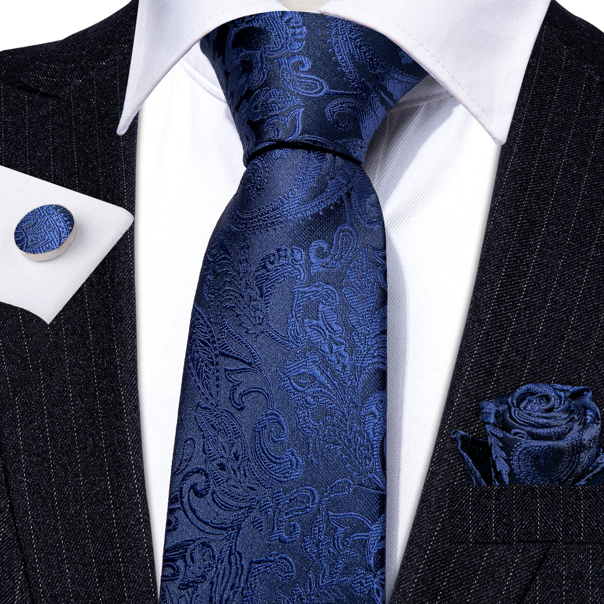 Navy Floral Silk Tie, Pocket Square, and Cufflinks Set tie sets    - Sophisticated Gentlemen