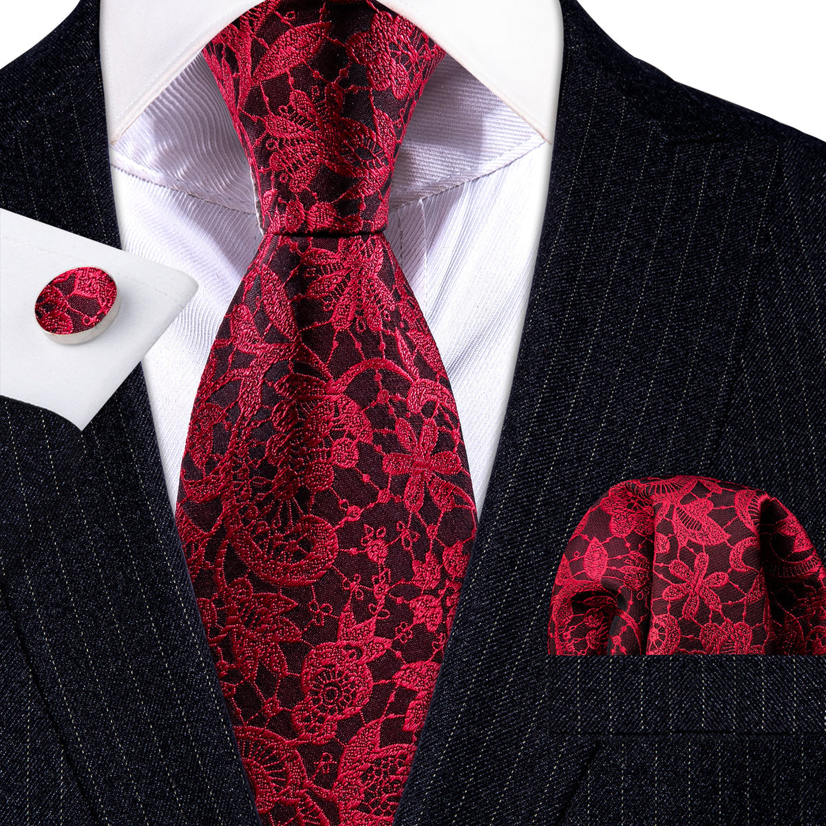 Red Black Paisley Silk Tie, Pocket Square and Cufflinks Set tie sets - Sophisticated Gentlemen