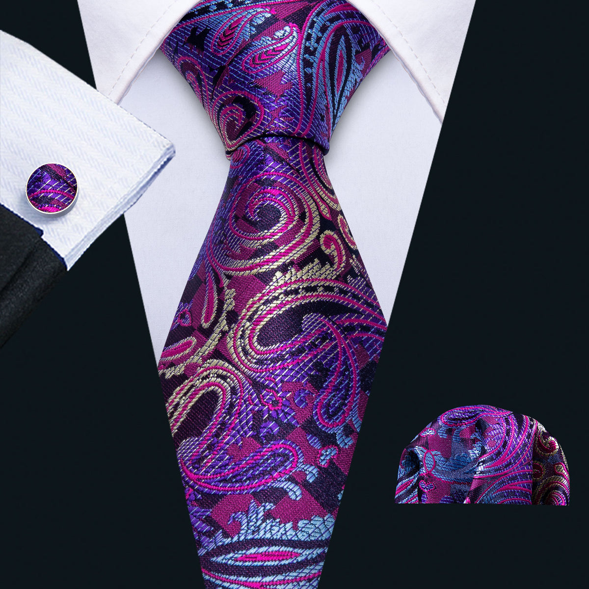 Blue Purple Paisley Silk Tie, Pocket Square and Cufflinks Set tie sets - Sophisticated Gentlemen
