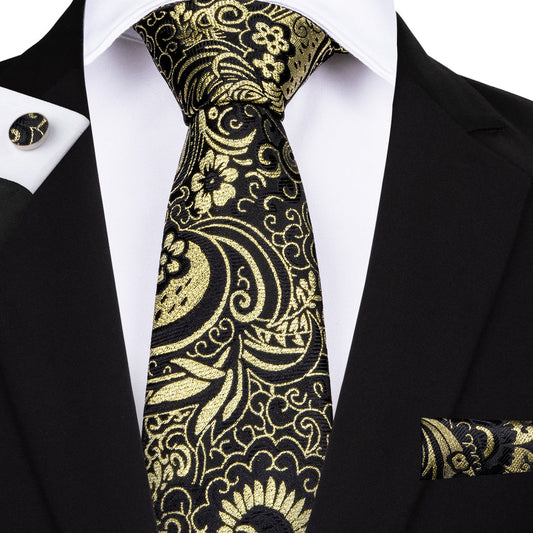 Golden Paisley Silk XL Tie, Pocket Square and Cufflinks tie sets    - Sophisticated Gentlemen