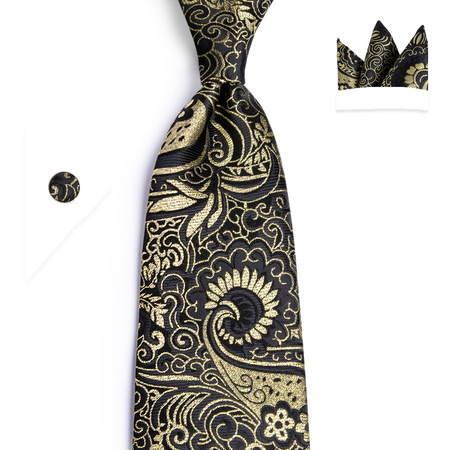 Golden Paisley Silk XL Tie, Pocket Square and Cufflinks tie sets - Sophisticated Gentlemen