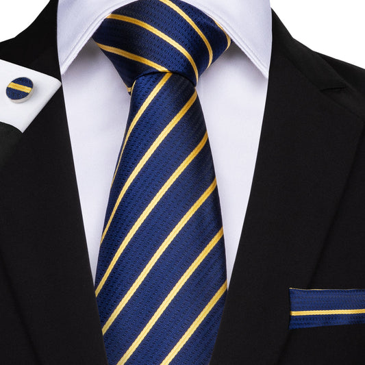 Classic Blue and Gold Striped XL Tie, Pocket Square and Cufflinks tie sets    - Sophisticated Gentlemen
