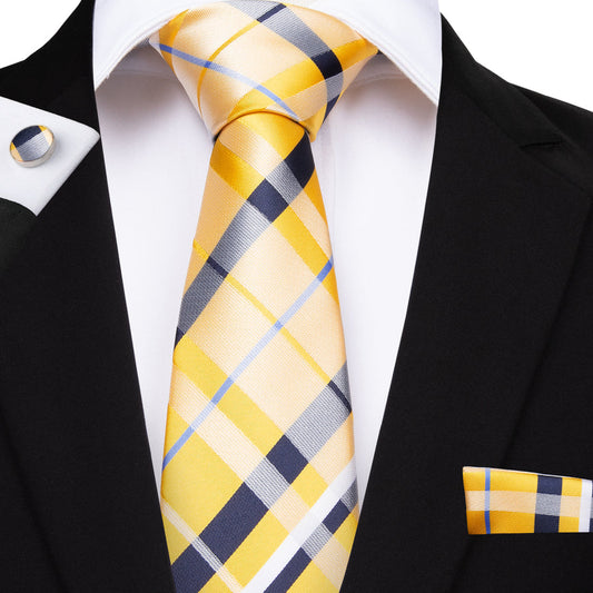 Yellow and Blue Striped Silk XL Tie, Pocket Square and Cufflinks tie sets    - Sophisticated Gentlemen