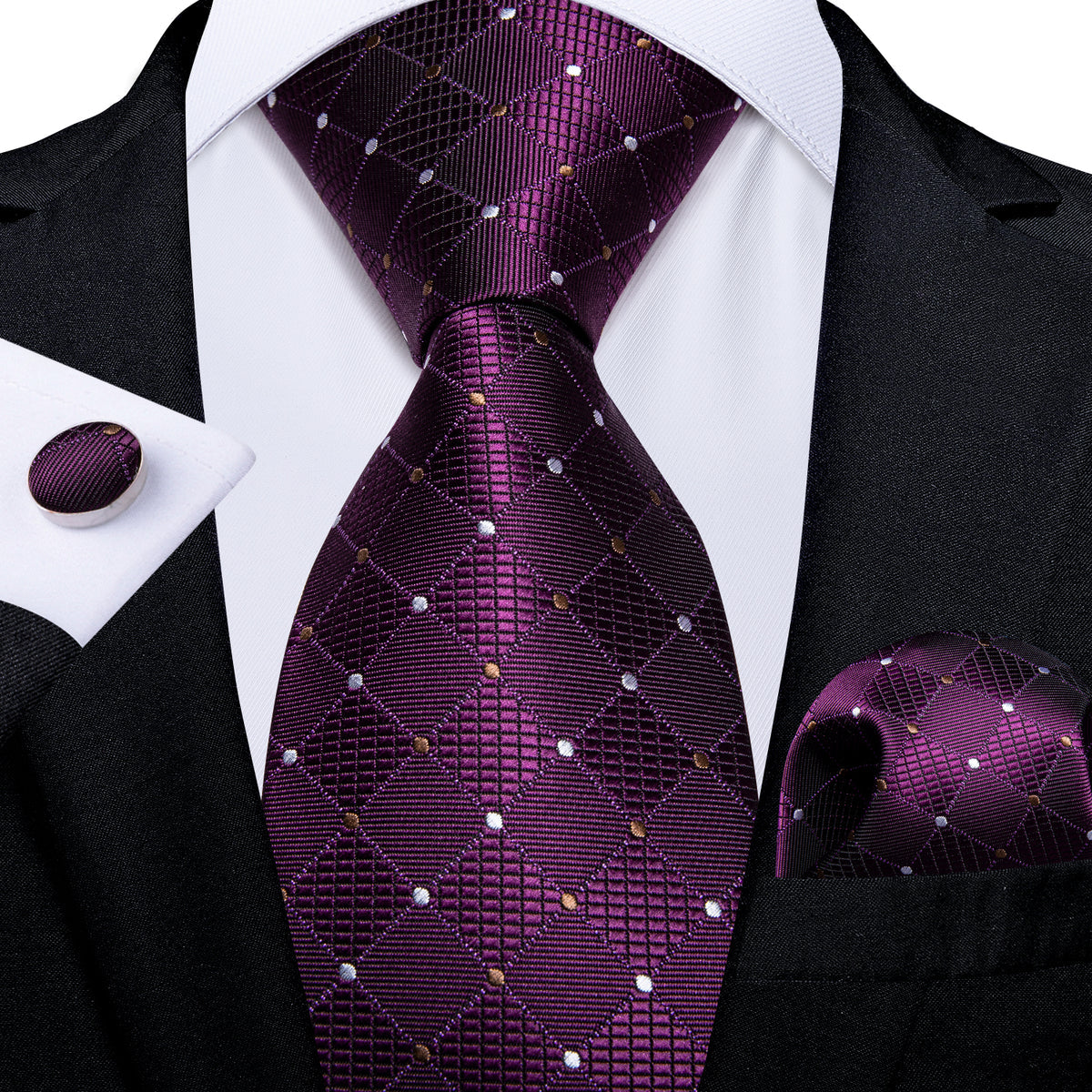 Purple Plaid Polka Dot Silk Tie, Pocket Square and Cufflinks tie sets - Sophisticated Gentlemen