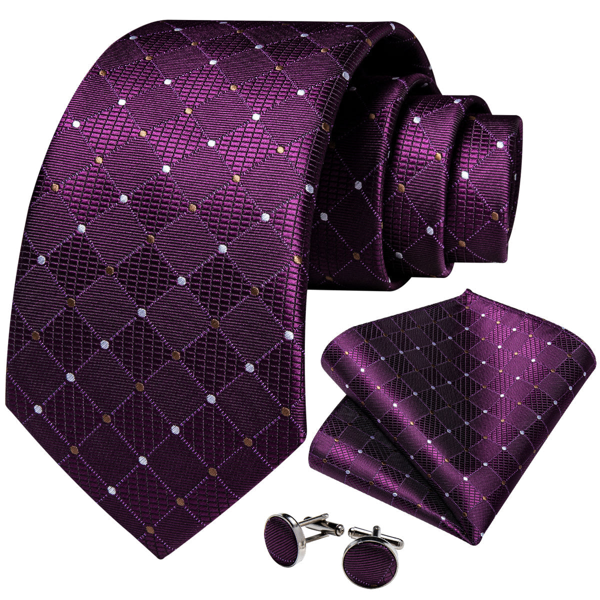 Purple Plaid Polka Dot Silk Tie, Pocket Square and Cufflinks tie sets - Sophisticated Gentlemen