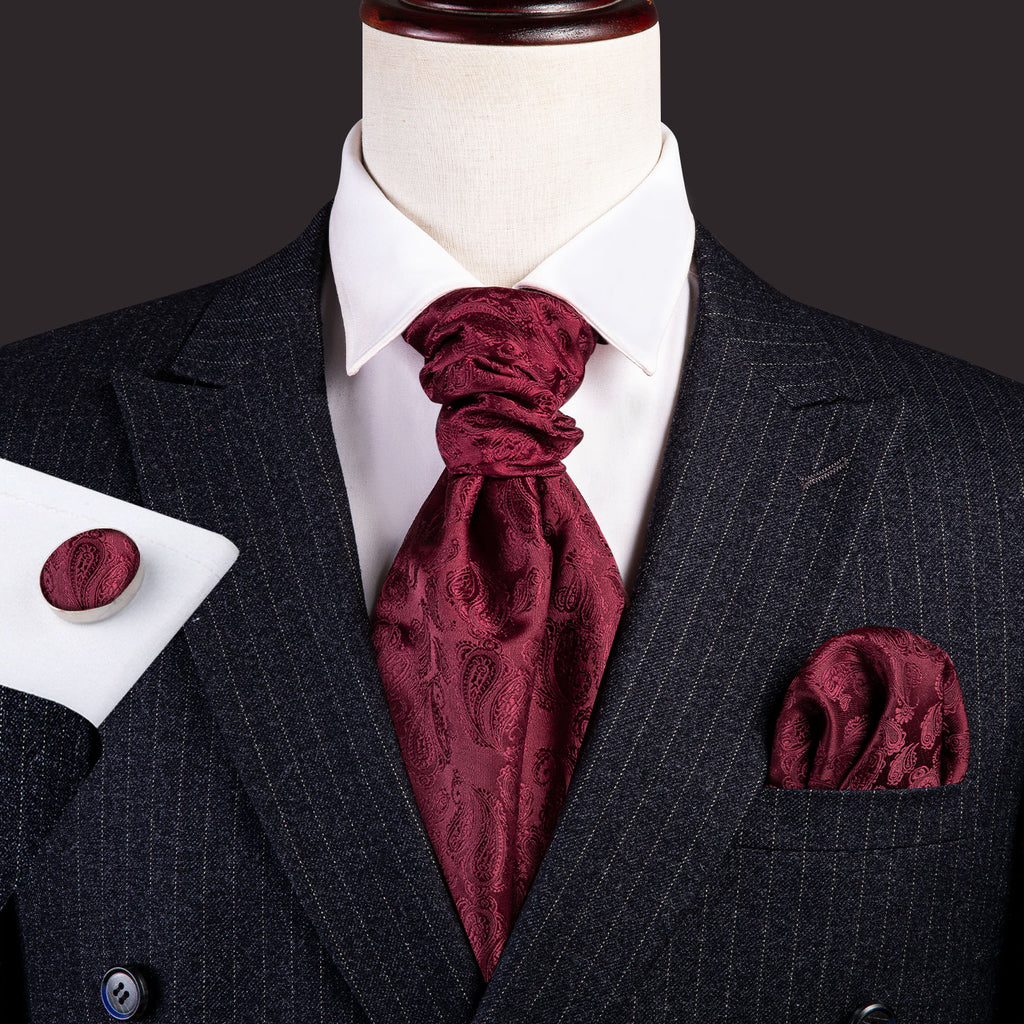 Deep Red Paisley Ascot, Pocket Square and Cufflinks ascot - Sophisticated Gentlemen