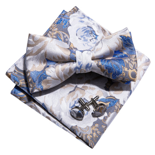 White Blue Floral Bow Tie Set bow ties    - Sophisticated Gentlemen