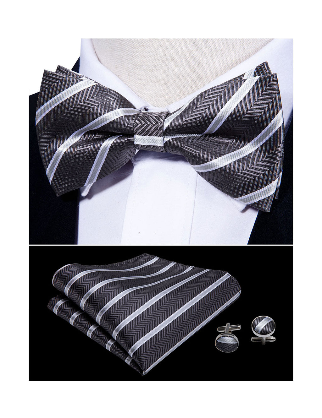 Black White Stripe Bow Tie Set bow ties - Sophisticated Gentlemen