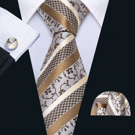 Champagne White Striped Floral Silk Tie, Pocket Square and Cufflinks Set tie sets    - Sophisticated Gentlemen