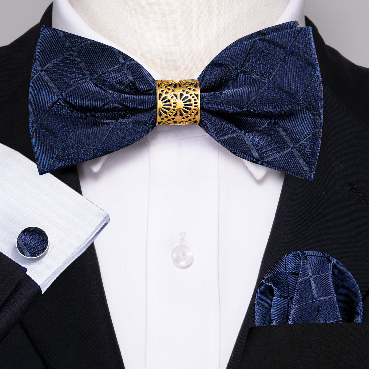 Deep Blue Plaid Bow Tie Set bow ties - Sophisticated Gentlemen