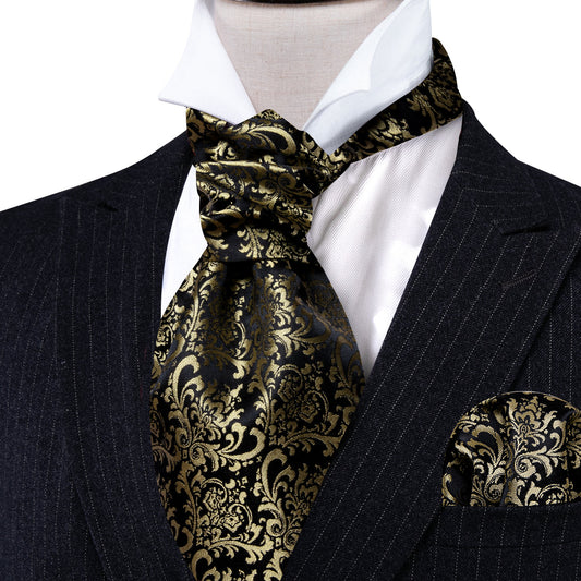 Black Gold Silk Paisley Ascot, Pocket Square and Cufflinks ascot    - Sophisticated Gentlemen