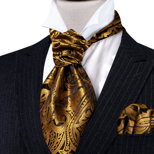 Gold Silk Paisley Ascot, Pocket Square and Cufflinks ascot    - Sophisticated Gentlemen
