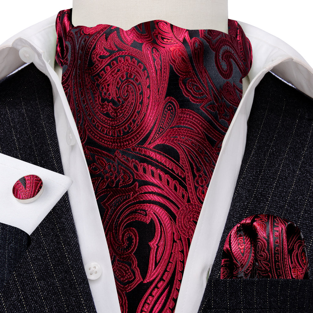 Red Black Silk Paisley Ascot, Pocket Square and Cufflinks ascot - Sophisticated Gentlemen