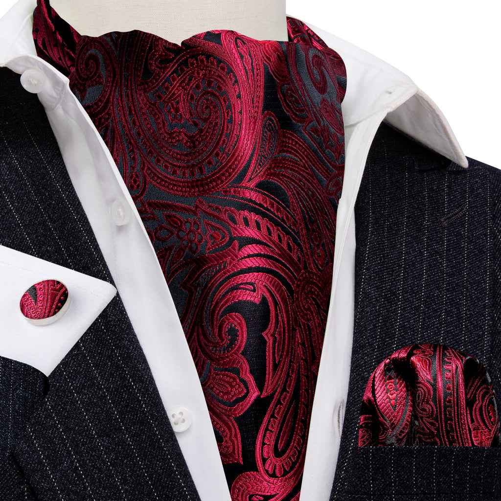 Red Black Silk Paisley Ascot, Pocket Square and Cufflinks ascot - Sophisticated Gentlemen