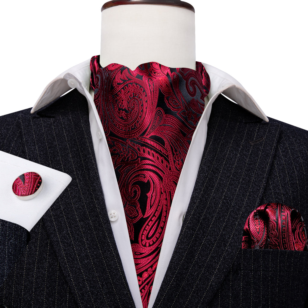 Red Black Silk Paisley Ascot, Pocket Square and Cufflinks ascot - Sophisticated Gentlemen