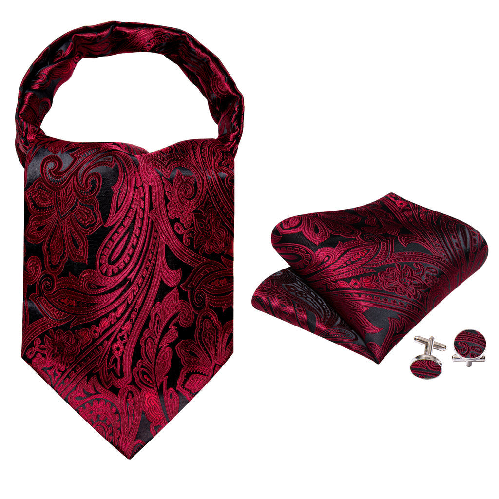 Red Black Silk Paisley Ascot, Pocket Square and Cufflinks ascot - Sophisticated Gentlemen
