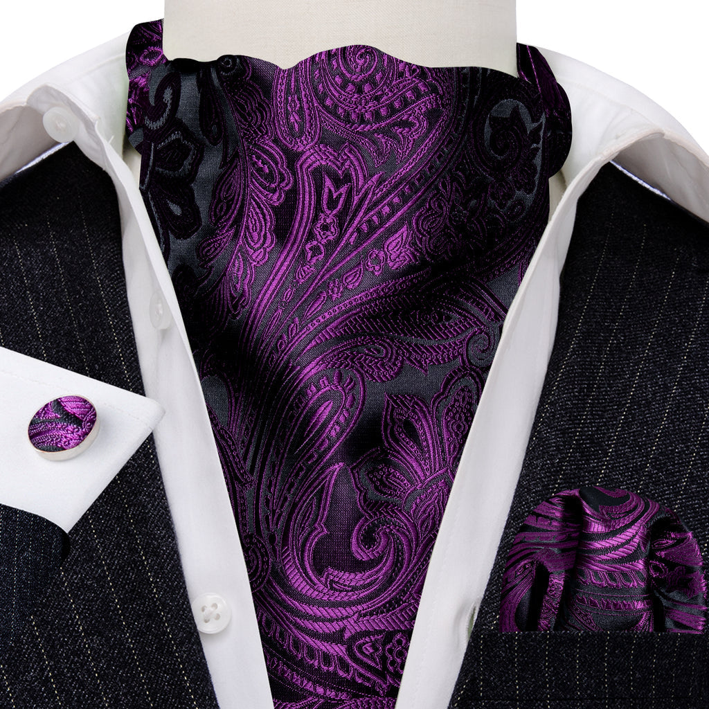 Purple Black Silk Paisley Ascot, Pocket Square and Cufflinks ascot - Sophisticated Gentlemen