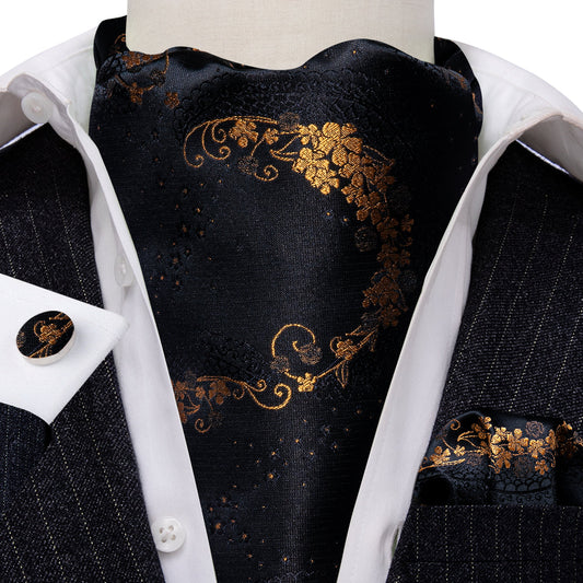 Black Gold Paisley Ascot, Pocket Square and Cufflinks ascot    - Sophisticated Gentlemen