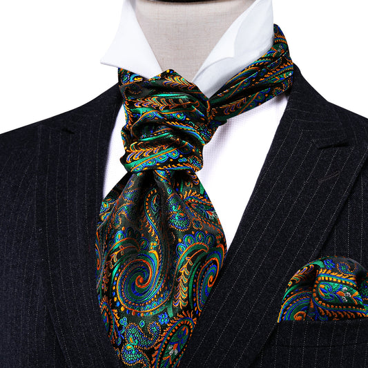 Green Teal Orange Paisley Ascot, Pocket Square and Cufflinks ascot    - Sophisticated Gentlemen