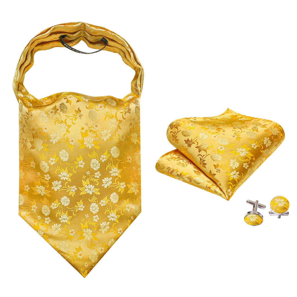Yellow Floral Ascot, Pocket Square and Cufflinks ascot    - Sophisticated Gentlemen