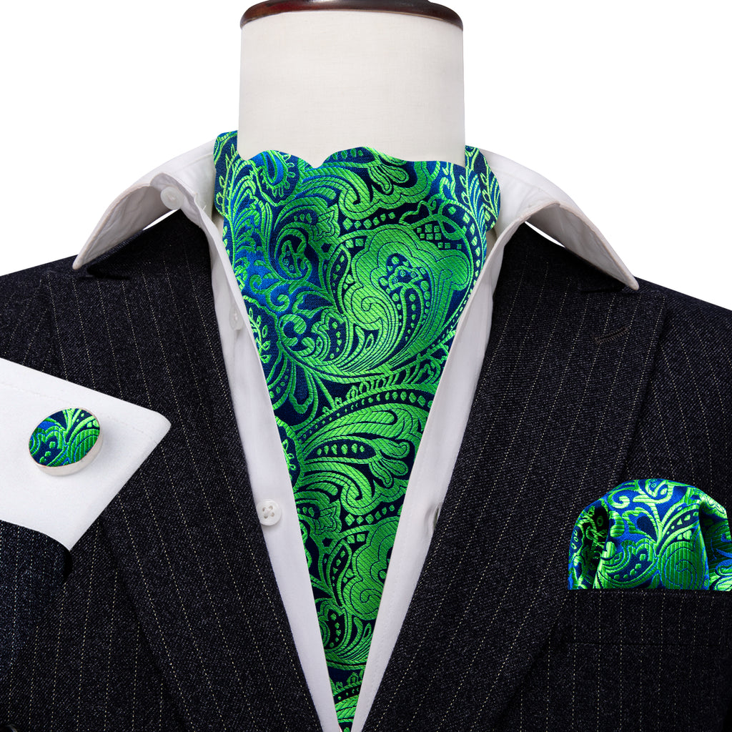 Teal Blue Paisley Ascot, Pocket Square and Cufflinks ascot - Sophisticated Gentlemen