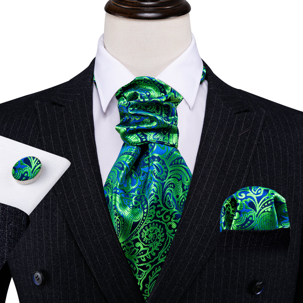 Teal Blue Paisley Ascot, Pocket Square and Cufflinks ascot - Sophisticated Gentlemen