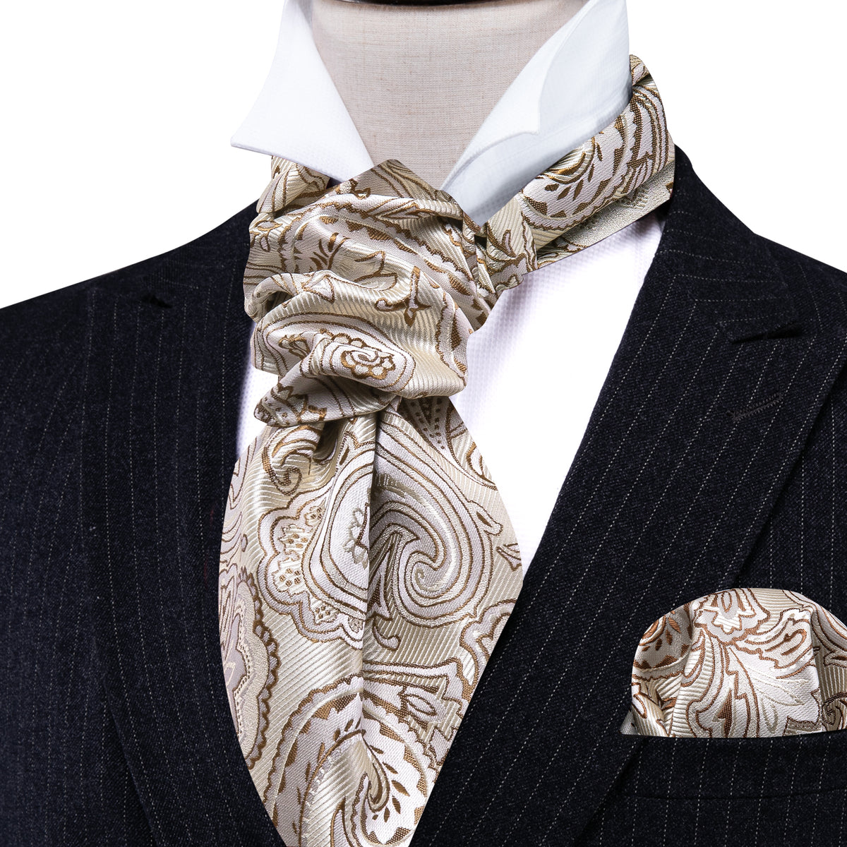 Beige Paisley Silk Ascot, Pocket Square and Cufflinks ascot - Sophisticated Gentlemen