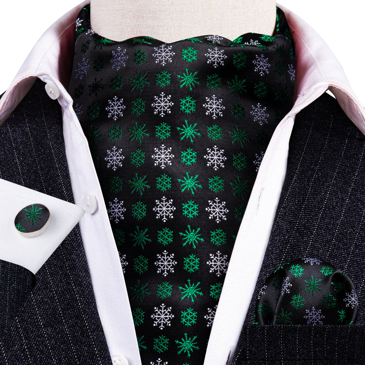 Black Green Christmas Snowflake Silk Ascot, Pocket Square and Cufflinks ascot - Sophisticated Gentlemen
