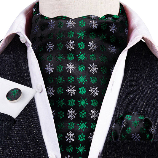 Black Green Christmas Snowflake Silk Ascot, Pocket Square and Cufflinks ascot    - Sophisticated Gentlemen