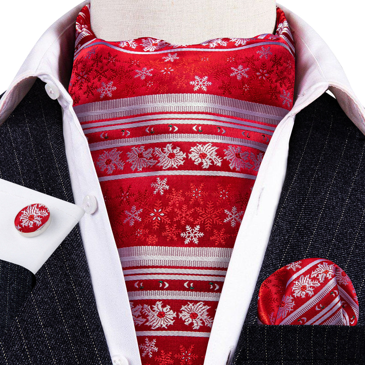 Red Silver Christmas Snowflake Silk Ascot, Pocket Square and Cufflinks ascot - Sophisticated Gentlemen