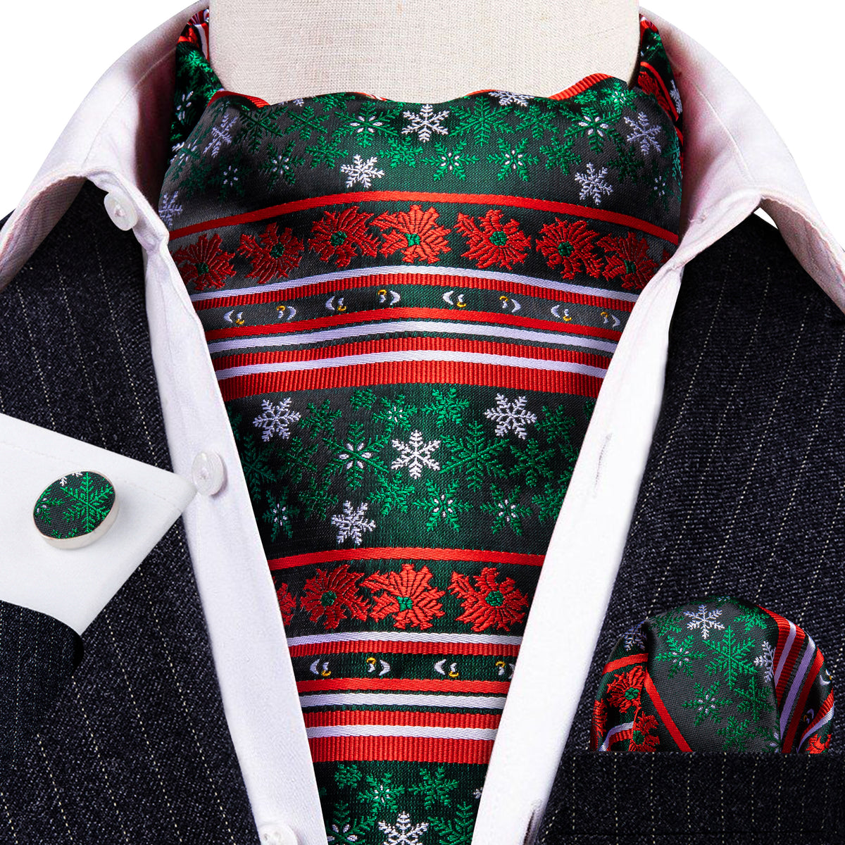 Green Red Christmas Snowflake Silk Ascot, Pocket Square and Cufflinks ascot - Sophisticated Gentlemen