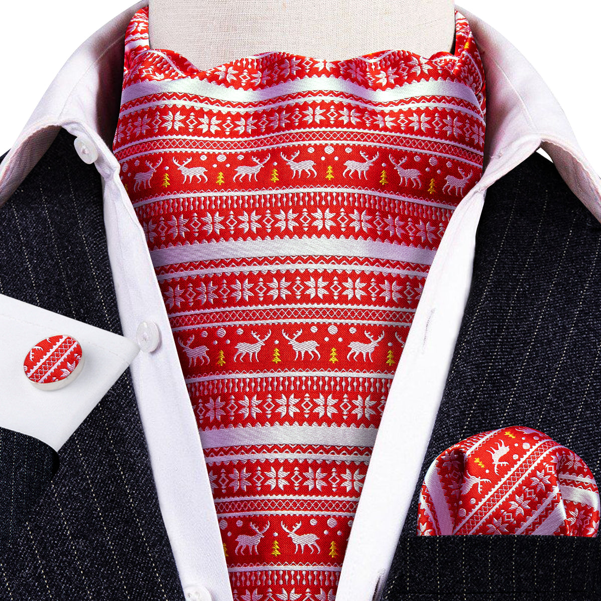Red White Christmas Floral Elk Silk Ascot, Pocket Square and Cufflinks ascot - Sophisticated Gentlemen