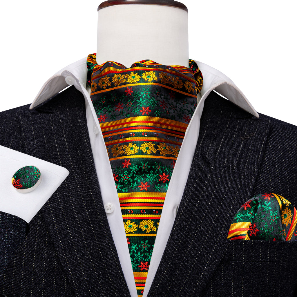 Green Gold Christmas Floral Silk Ascot, Pocket Square and Cufflinks ascot - Sophisticated Gentlemen