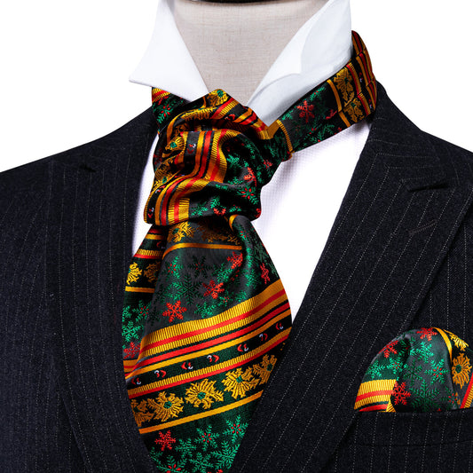 Green Gold Christmas Floral Silk Ascot, Pocket Square and Cufflinks ascot    - Sophisticated Gentlemen