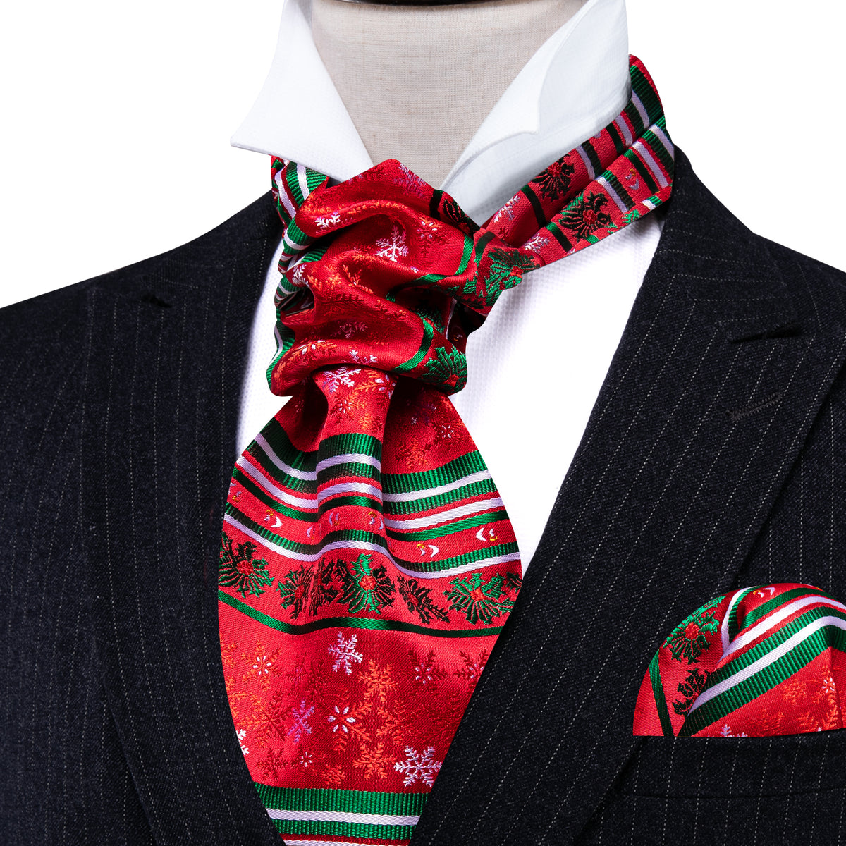Red Green Christmas Floral Silk Ascot, Pocket Square and Cufflinks ascot - Sophisticated Gentlemen
