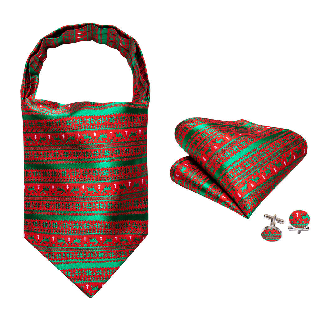 Red Green Christmas Floral Elk Silk Ascot, Pocket Square and Cufflinks ascot - Sophisticated Gentlemen