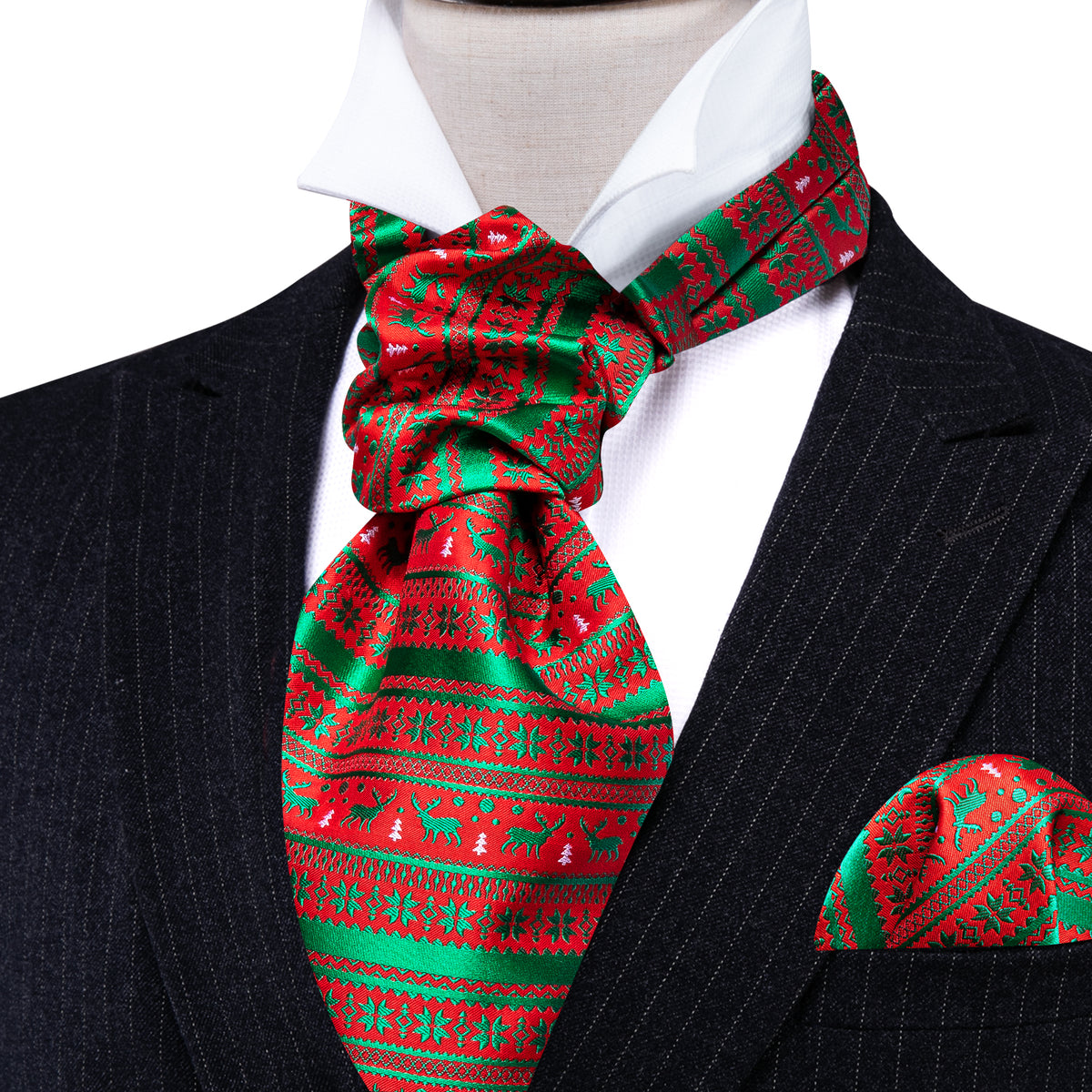 Red Green Christmas Floral Elk Silk Ascot, Pocket Square and Cufflinks ascot - Sophisticated Gentlemen