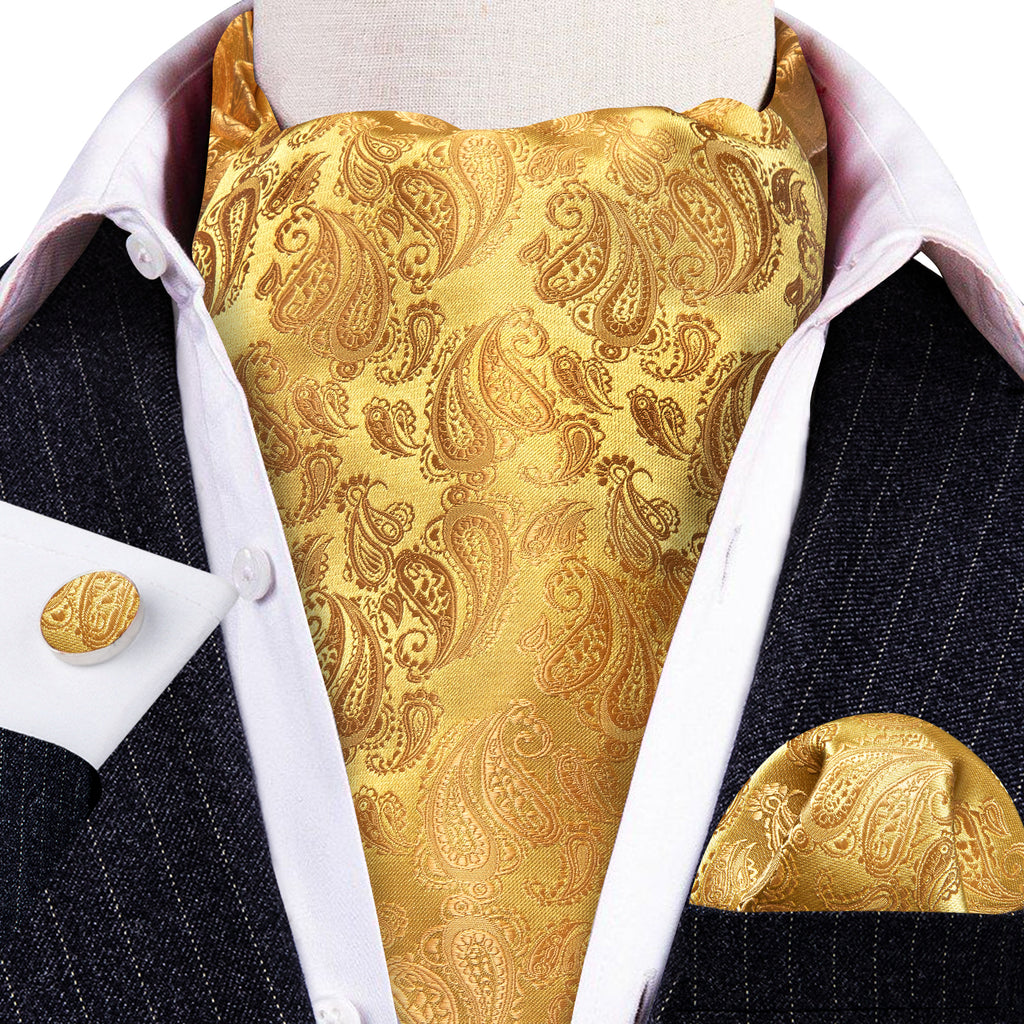 Gold Yellow Paisley Silk Ascot, Pocket Square and Cufflinks ascot - Sophisticated Gentlemen