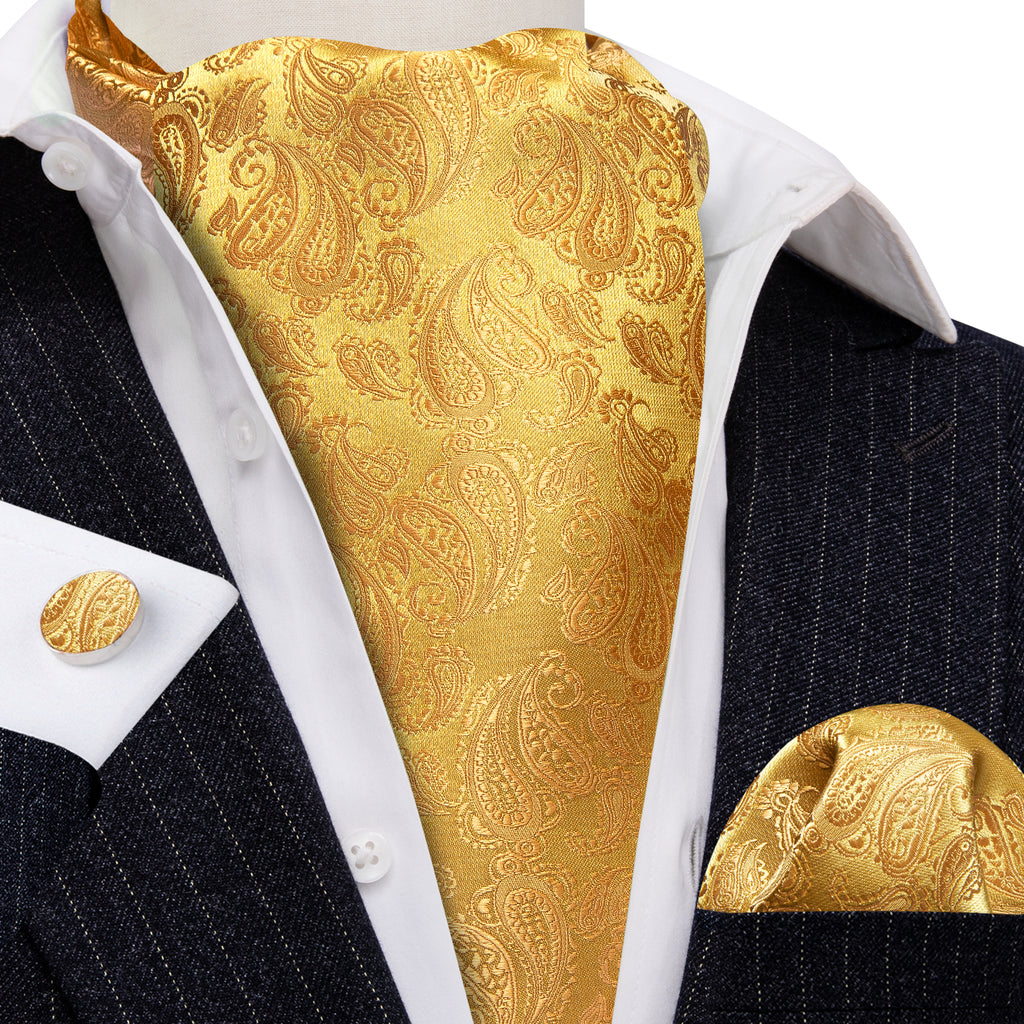 Gold Yellow Paisley Silk Ascot, Pocket Square and Cufflinks ascot - Sophisticated Gentlemen