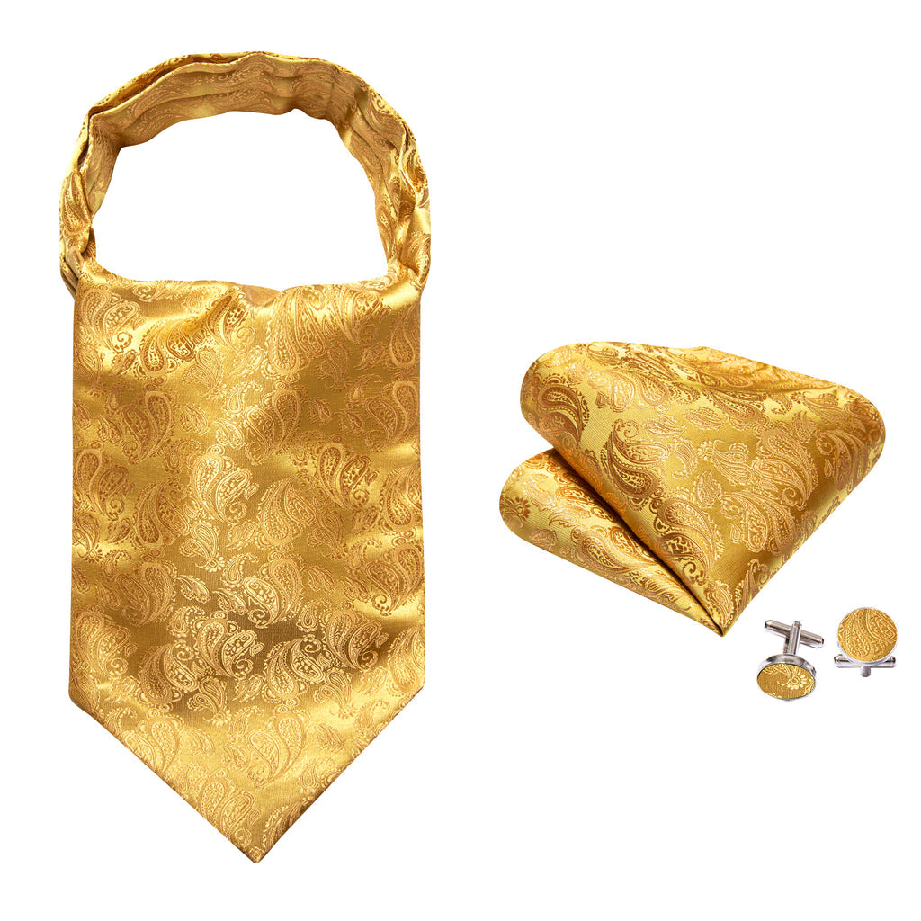 Gold Yellow Paisley Silk Ascot, Pocket Square and Cufflinks ascot - Sophisticated Gentlemen