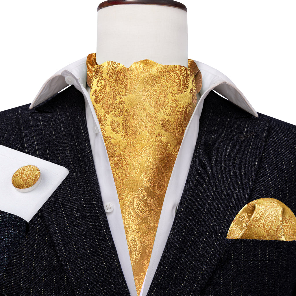 Gold Yellow Paisley Silk Ascot, Pocket Square and Cufflinks ascot - Sophisticated Gentlemen