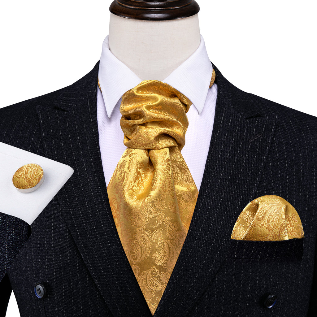 Gold Yellow Paisley Silk Ascot, Pocket Square and Cufflinks ascot - Sophisticated Gentlemen