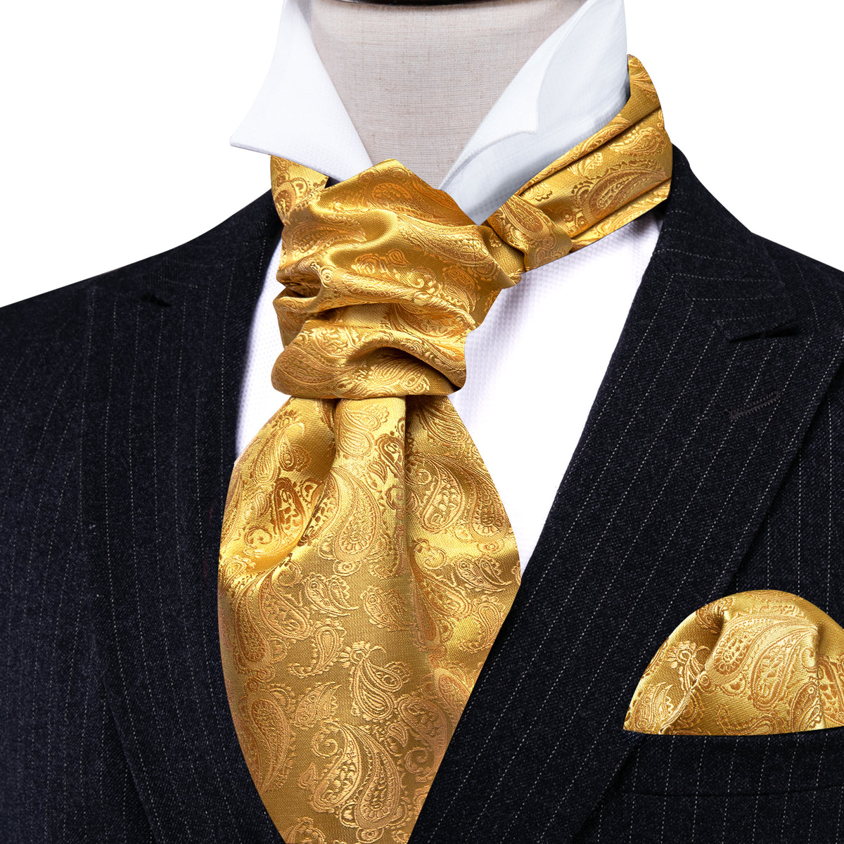Gold Yellow Paisley Silk Ascot, Pocket Square and Cufflinks ascot - Sophisticated Gentlemen