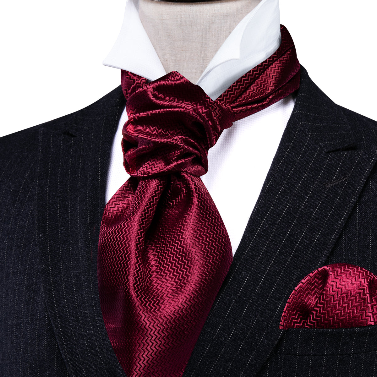 Dark Red Striped Silk Ascot, Pocket Square and Cufflinks ascot - Sophisticated Gentlemen