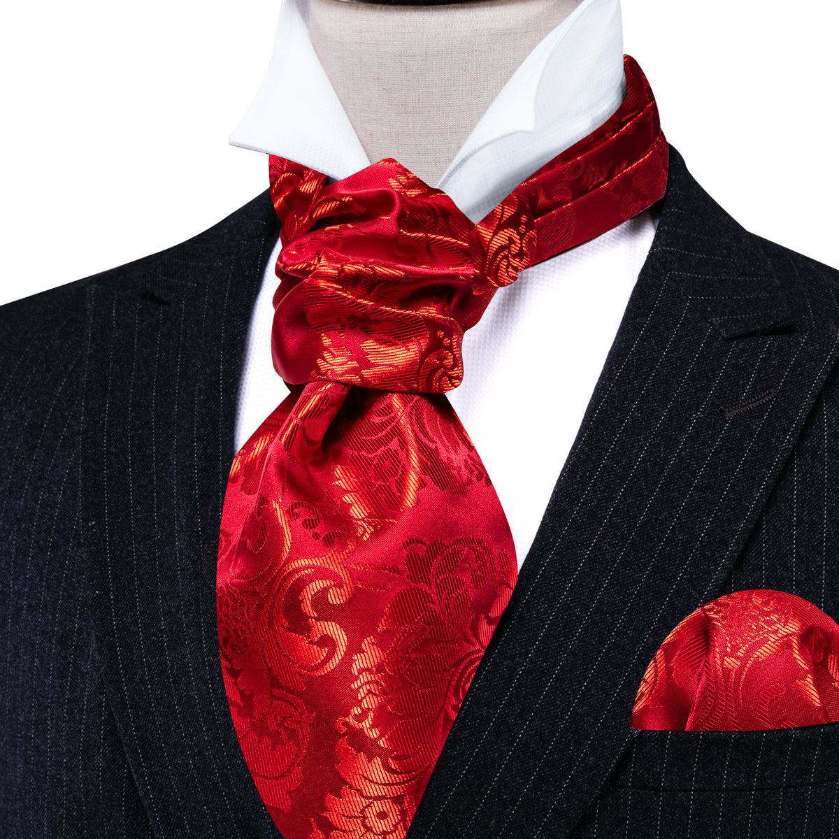 Red Floral Silk Ascot, Pocket Square and Cufflinks ascot - Sophisticated Gentlemen